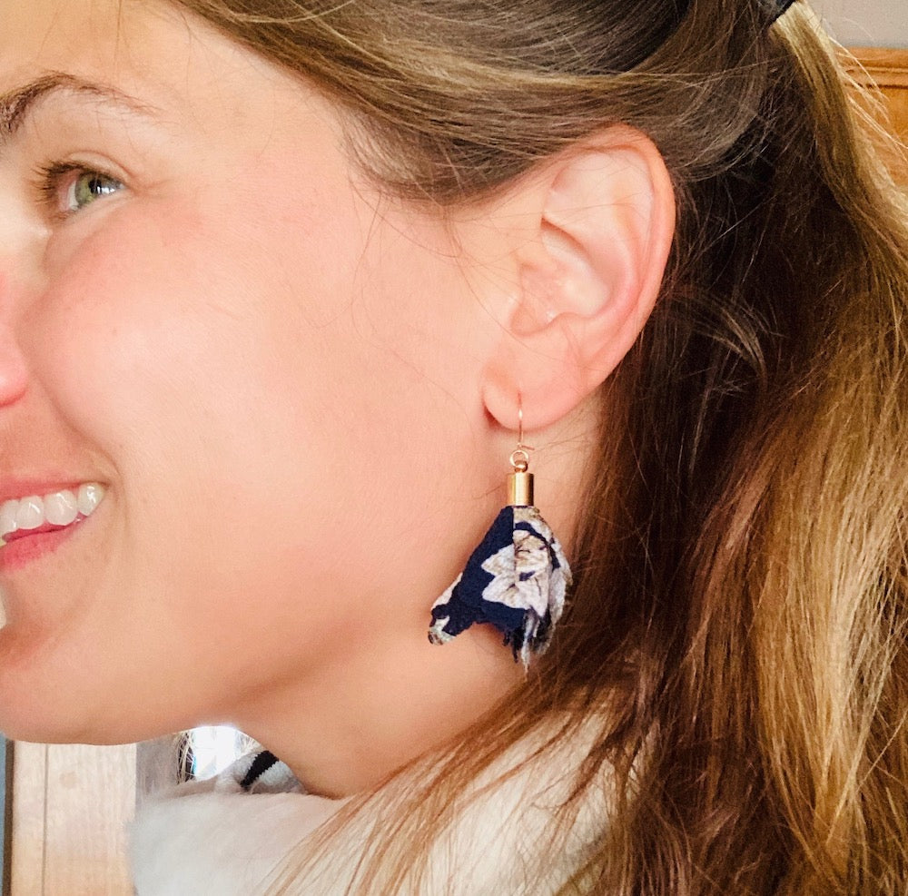 Navy Floral Fabric Earrings