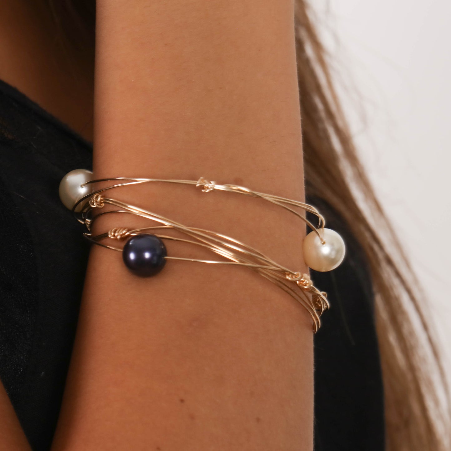 Wire Bangle w/ Dark Pearls