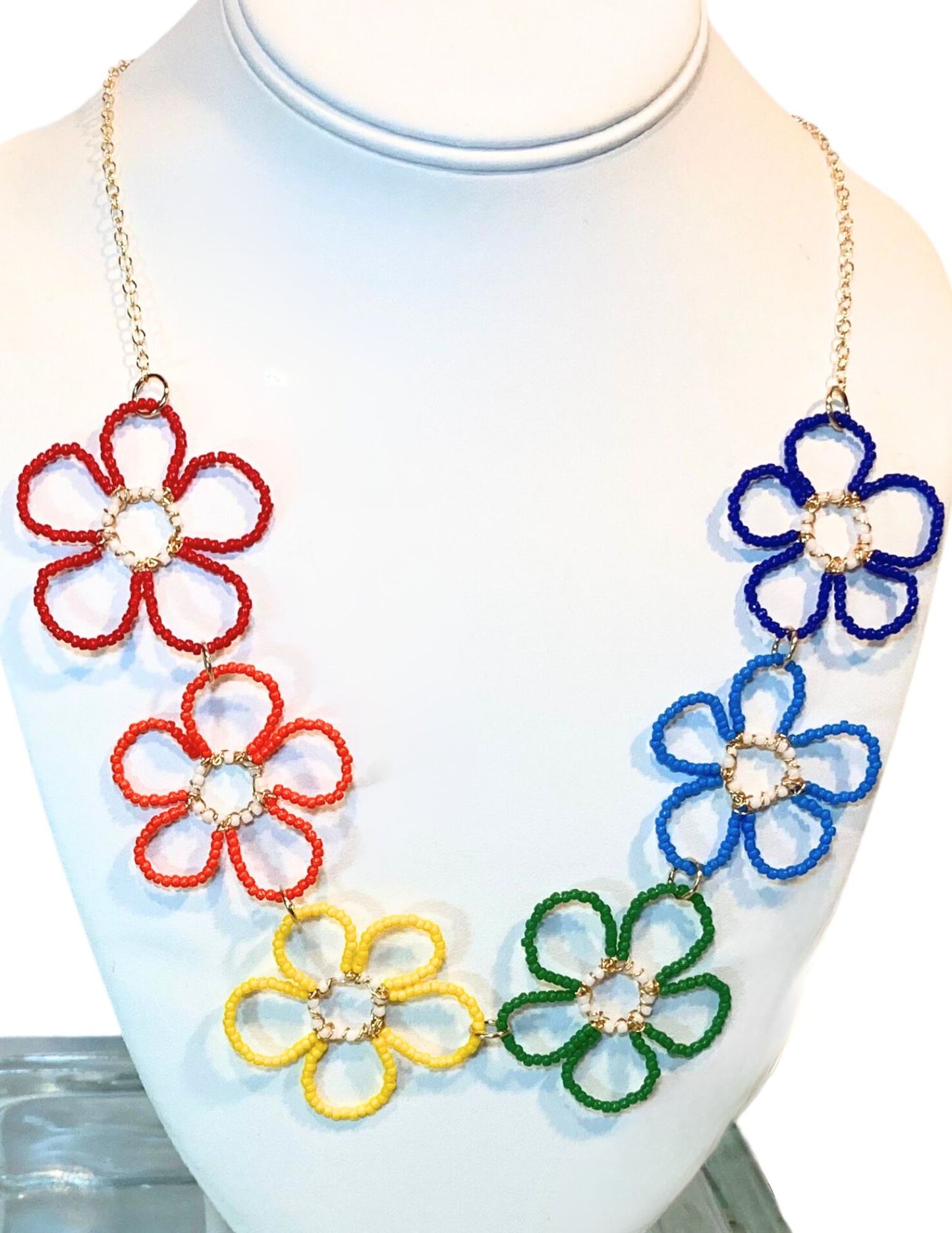 Big Rainbow Beaded Flower Bib Necklace